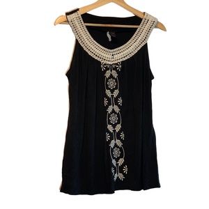 Wrapper Sleeveless Black Flowy Tank Top with White Contrast Embroidery